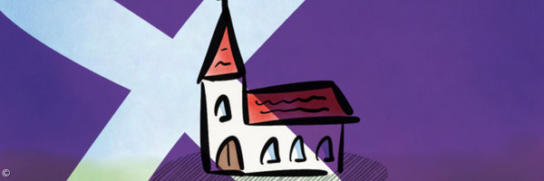 Gemalte Kirche mit Kreuz überlegt